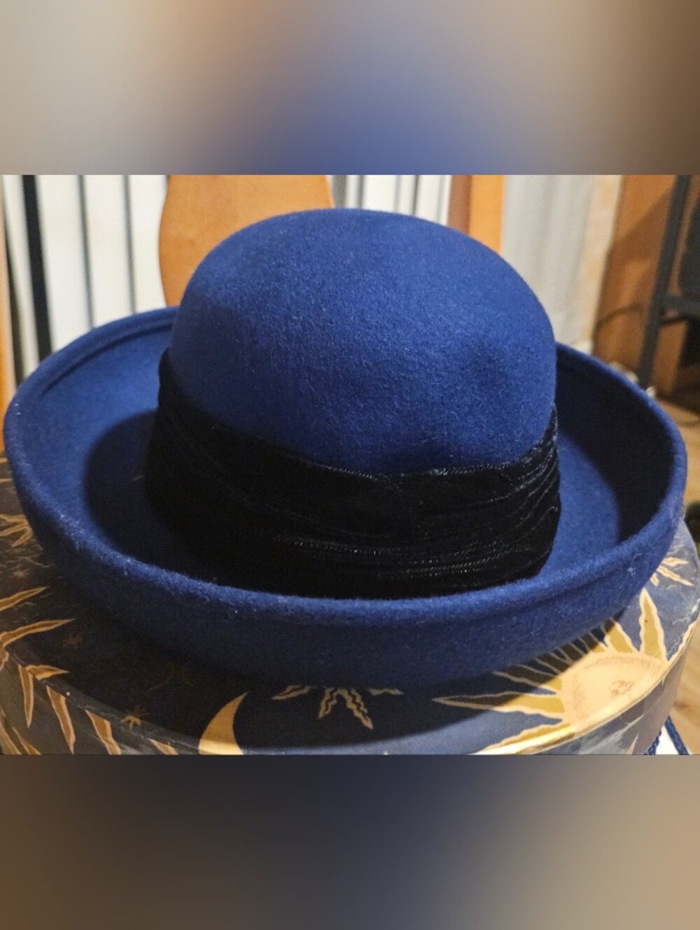 Classic Navy Wool Bowler Hat with Black Velvet Band
